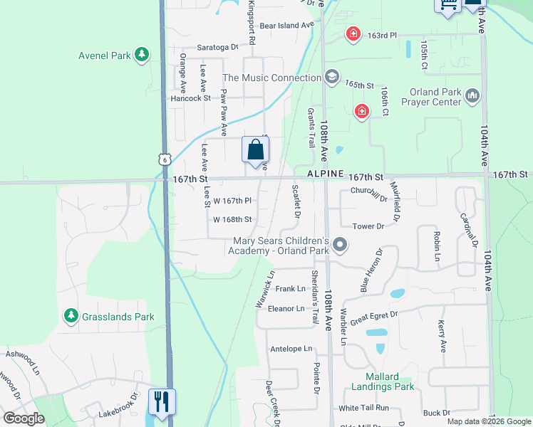 map of restaurants, bars, coffee shops, grocery stores, and more near 10935 Saffron Court in Orland Park