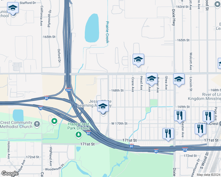 map of restaurants, bars, coffee shops, grocery stores, and more near 16743 Western Avenue in Hazel Crest