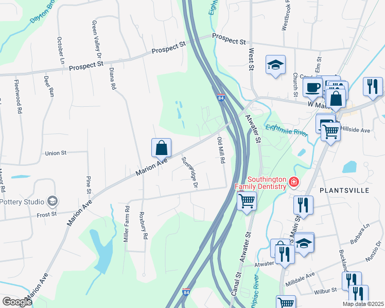 map of restaurants, bars, coffee shops, grocery stores, and more near 184 Marion Avenue in Southington