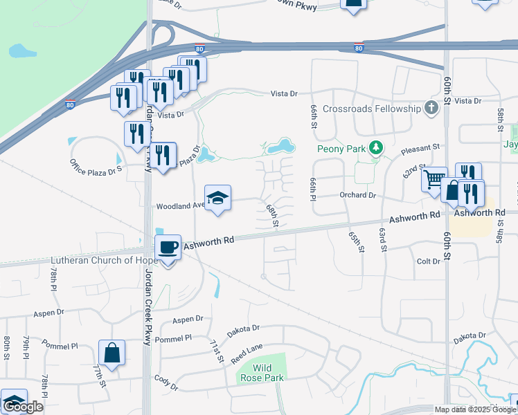 map of restaurants, bars, coffee shops, grocery stores, and more near 10506 Woodland Avenue in West Des Moines