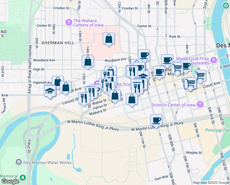 map of restaurants, bars, coffee shops, grocery stores, and more near 1200 Locust Street in Des Moines
