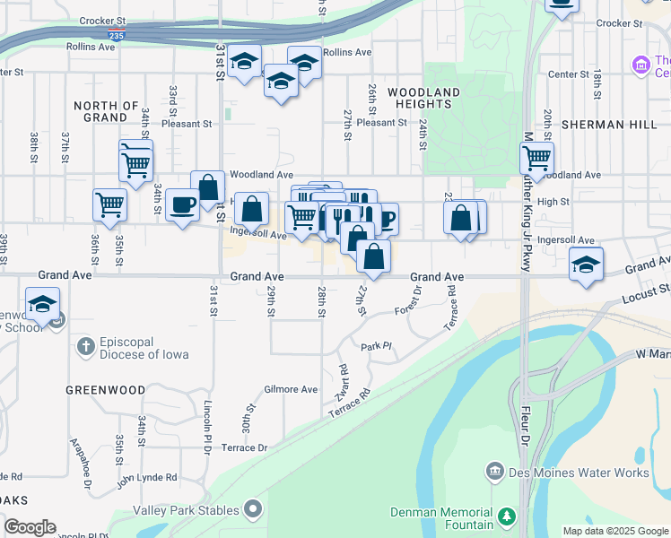 map of restaurants, bars, coffee shops, grocery stores, and more near 2723 Grand Avenue in Des Moines