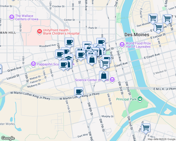 map of restaurants, bars, coffee shops, grocery stores, and more near 698 Mulberry Street in Des Moines