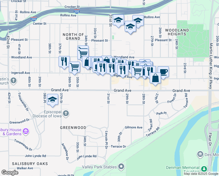 map of restaurants, bars, coffee shops, grocery stores, and more near 500 31st Street in Des Moines