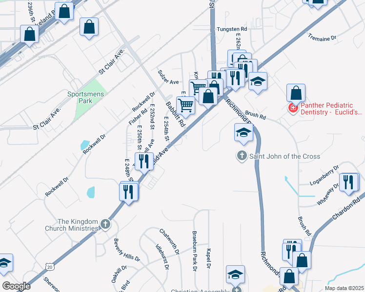 map of restaurants, bars, coffee shops, grocery stores, and more near 25450 Euclid Avenue in Euclid