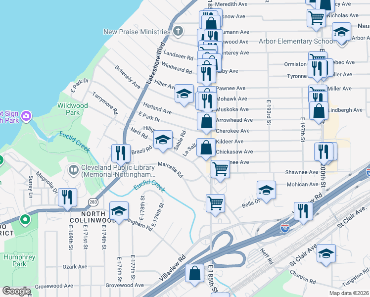 map of restaurants, bars, coffee shops, grocery stores, and more near 18211 La Salle Road in Cleveland