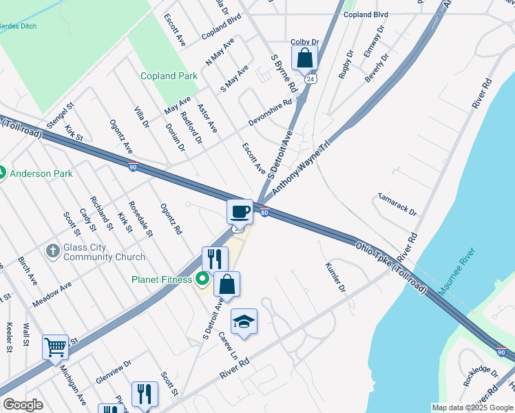 map of restaurants, bars, coffee shops, grocery stores, and more near in Maumee