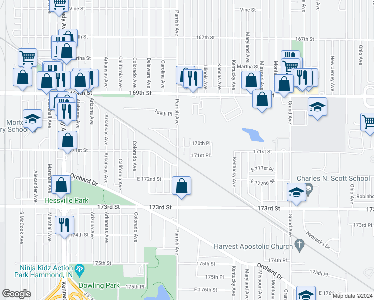 map of restaurants, bars, coffee shops, grocery stores, and more near 7105-07 Parrish Avenue in Hammond