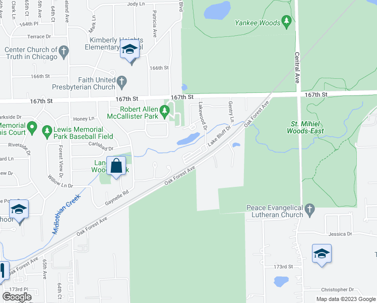 map of restaurants, bars, coffee shops, grocery stores, and more near 6010 Lake Bluff Drive in Tinley Park