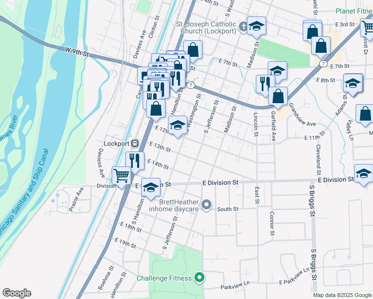 map of restaurants, bars, coffee shops, grocery stores, and more near 1236 South Washington Street in Lockport