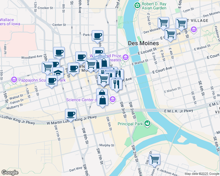 map of restaurants, bars, coffee shops, grocery stores, and more near 316 Court Avenue in Des Moines