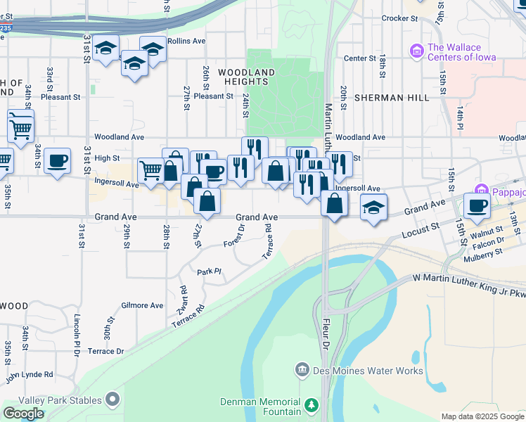 map of restaurants, bars, coffee shops, grocery stores, and more near 2213 Grand Avenue in Des Moines