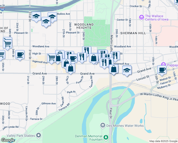 map of restaurants, bars, coffee shops, grocery stores, and more near 2213 Grand Avenue in Des Moines