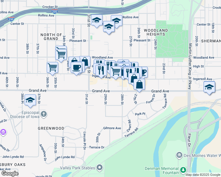 map of restaurants, bars, coffee shops, grocery stores, and more near 2815 Grand Avenue in Des Moines