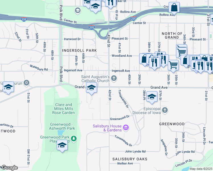 map of restaurants, bars, coffee shops, grocery stores, and more near 4211 Grand Avenue in Des Moines