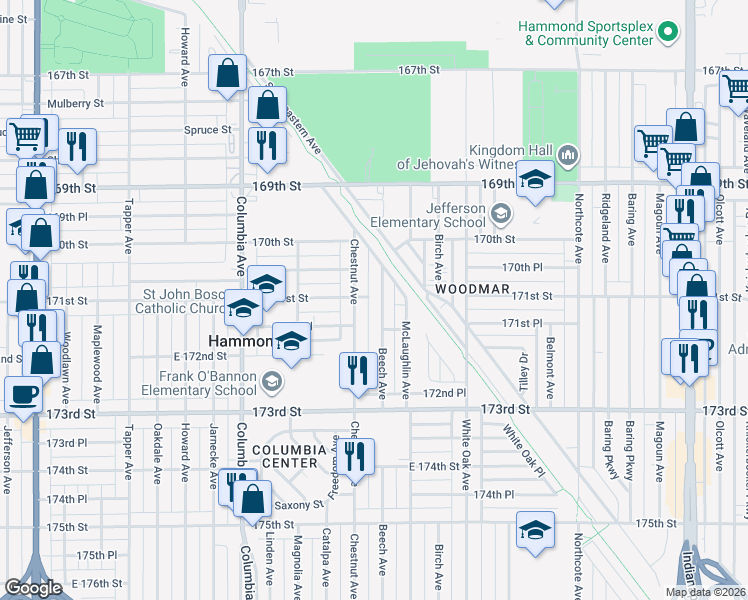 map of restaurants, bars, coffee shops, grocery stores, and more near 7107 Chestnut Avenue in Hammond