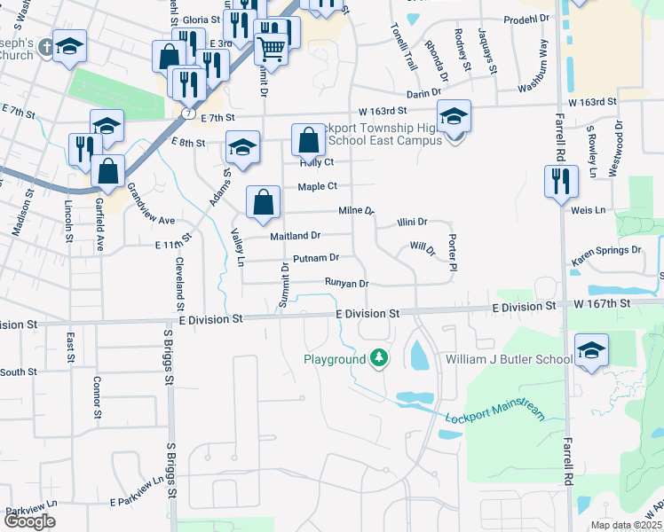 map of restaurants, bars, coffee shops, grocery stores, and more near 1018 Runyan Drive in Lockport