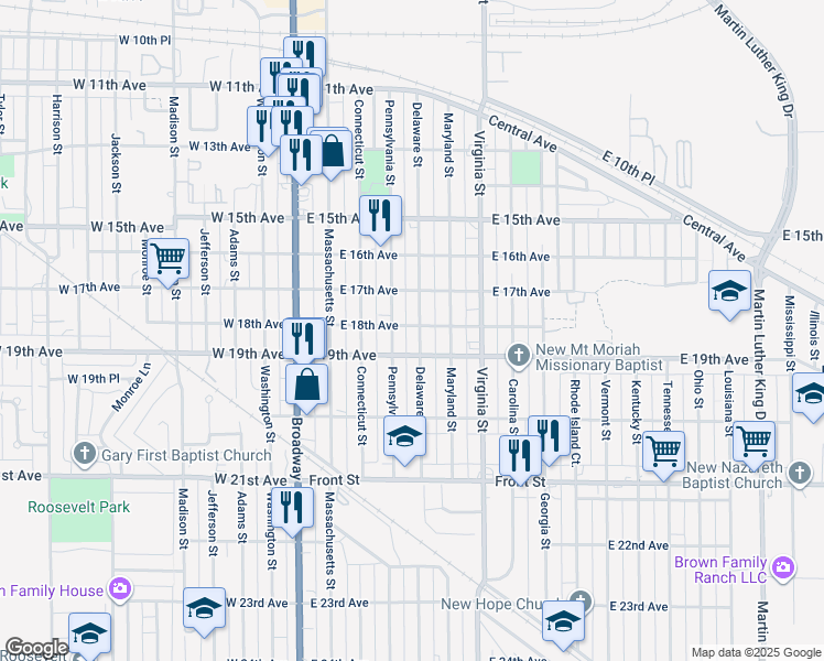 map of restaurants, bars, coffee shops, grocery stores, and more near 1817 Pennsylvania Street in Gary