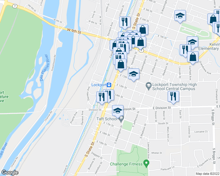 map of restaurants, bars, coffee shops, grocery stores, and more near 1317 South State Street in Lockport