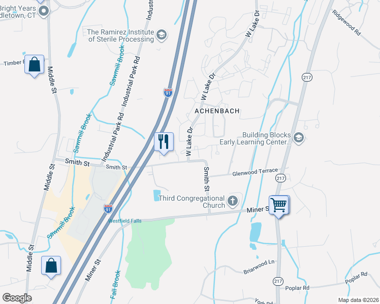 map of restaurants, bars, coffee shops, grocery stores, and more near 2 West Meadow Lane in Middletown