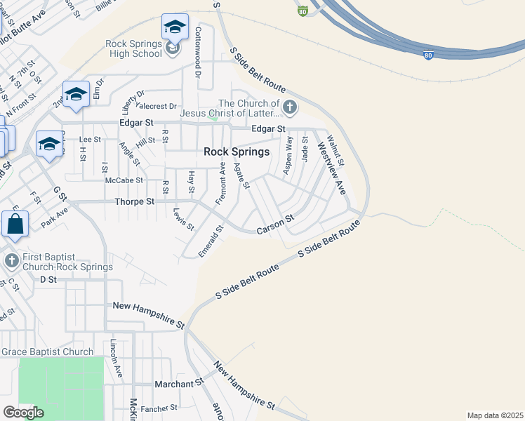 map of restaurants, bars, coffee shops, grocery stores, and more near 422 Agate St in Rock Springs