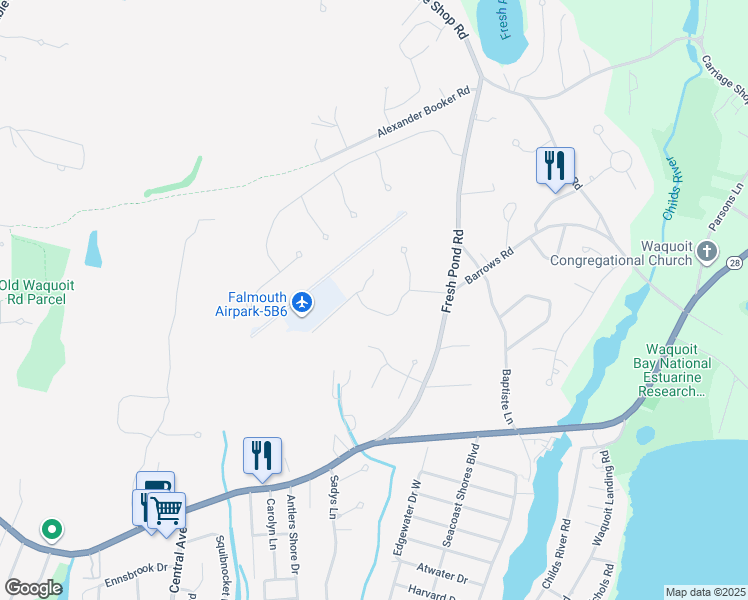 map of restaurants, bars, coffee shops, grocery stores, and more near 51a Airpark Drive in Falmouth