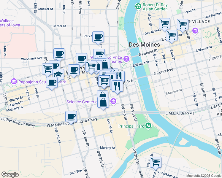 map of restaurants, bars, coffee shops, grocery stores, and more near 316 Court Avenue in Des Moines