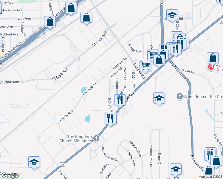 map of restaurants, bars, coffee shops, grocery stores, and more near 1507 East 248th Street in Euclid