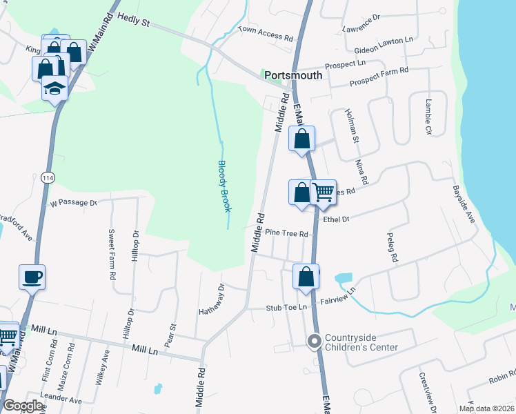 map of restaurants, bars, coffee shops, grocery stores, and more near 225 Middle Road in Portsmouth