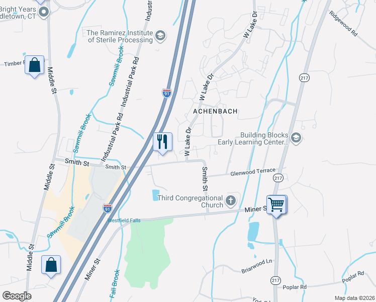 map of restaurants, bars, coffee shops, grocery stores, and more near 2 West Meadow Lane in Middletown