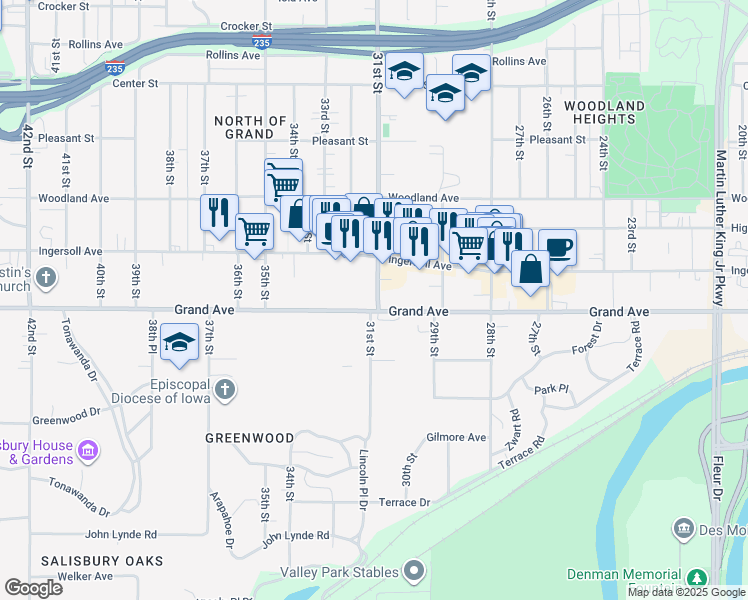 map of restaurants, bars, coffee shops, grocery stores, and more near 500 31st Street in Des Moines