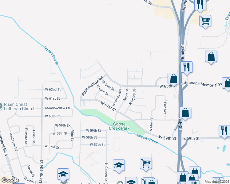 map of restaurants, bars, coffee shops, grocery stores, and more near 614 West 63rd Street in Davenport
