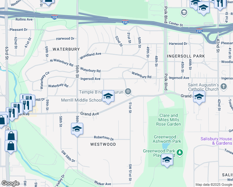 map of restaurants, bars, coffee shops, grocery stores, and more near 5130 Shriver Avenue in Des Moines