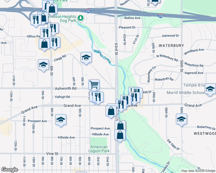 map of restaurants, bars, coffee shops, grocery stores, and more near 6600 Ashworth Road in West Des Moines