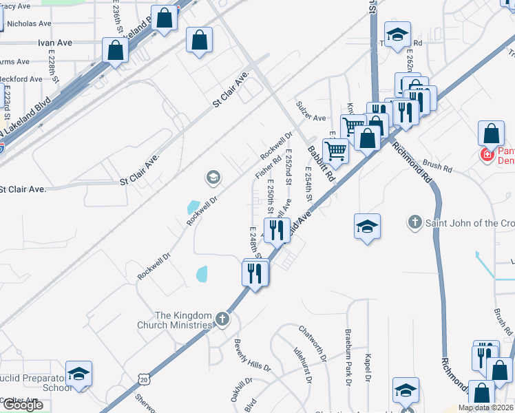 map of restaurants, bars, coffee shops, grocery stores, and more near 1507 East 248th Street in Euclid