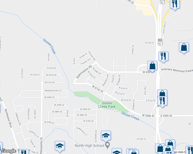 map of restaurants, bars, coffee shops, grocery stores, and more near 643 West 63rd Street in Davenport