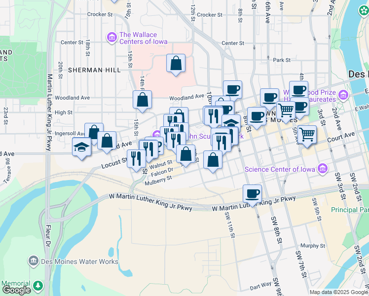 map of restaurants, bars, coffee shops, grocery stores, and more near 309 13th Street in Des Moines