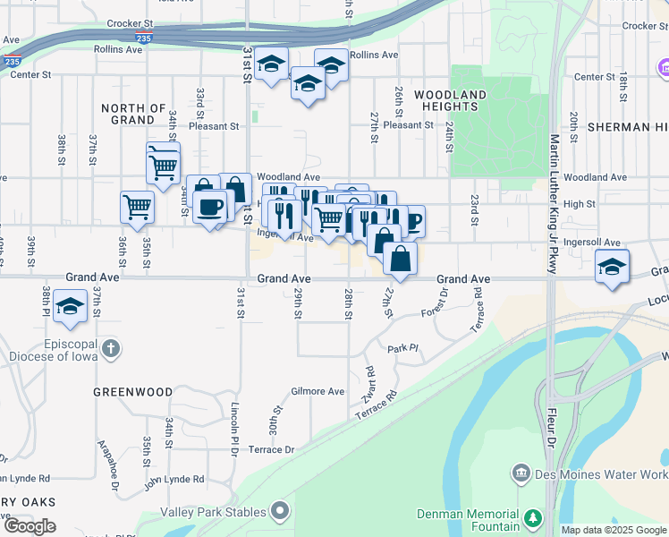 map of restaurants, bars, coffee shops, grocery stores, and more near 2815 Grand Avenue in Des Moines