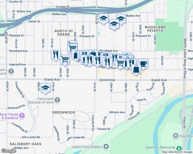 map of restaurants, bars, coffee shops, grocery stores, and more near 3103 Grand Avenue in Des Moines