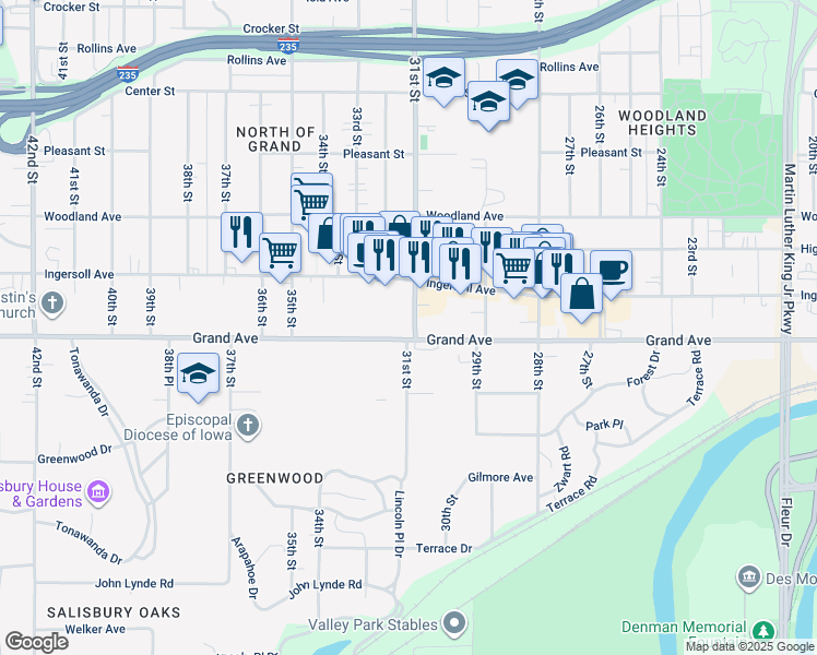 map of restaurants, bars, coffee shops, grocery stores, and more near 3103 Grand Avenue in Des Moines