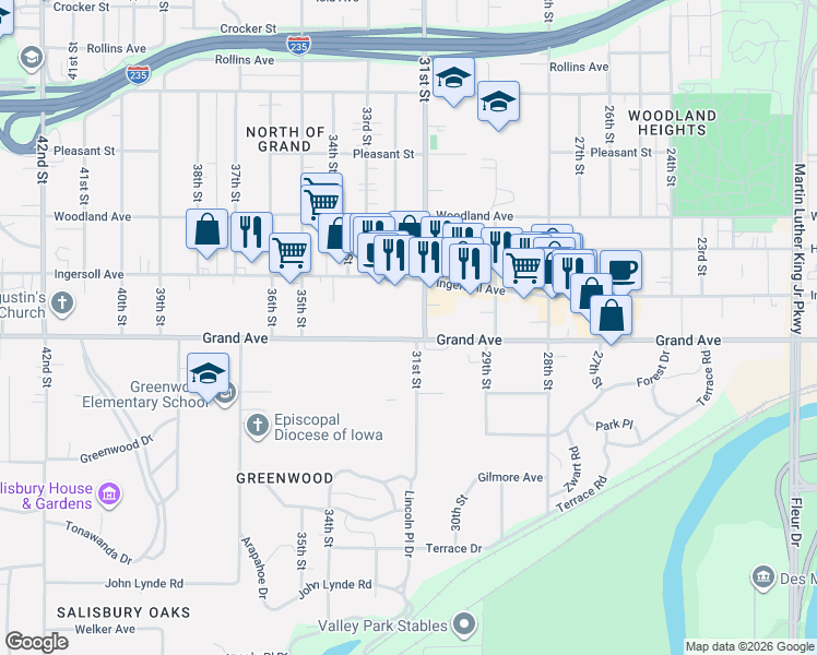 map of restaurants, bars, coffee shops, grocery stores, and more near 3103 Grand Avenue in Des Moines