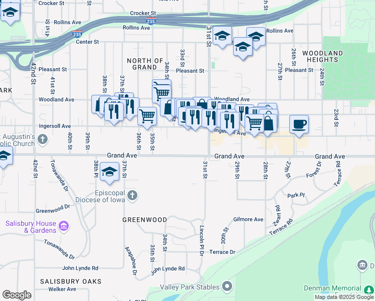 map of restaurants, bars, coffee shops, grocery stores, and more near 3221 Grand Avenue in Des Moines