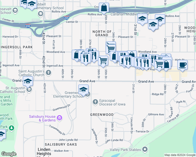 map of restaurants, bars, coffee shops, grocery stores, and more near 3698 Grand Avenue in Des Moines