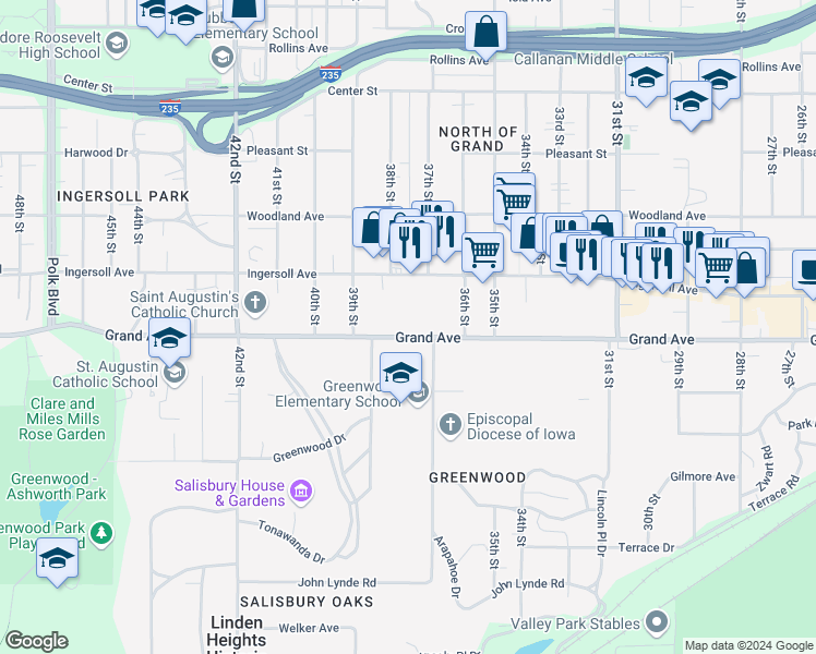 map of restaurants, bars, coffee shops, grocery stores, and more near 3722 Grand Avenue in Des Moines