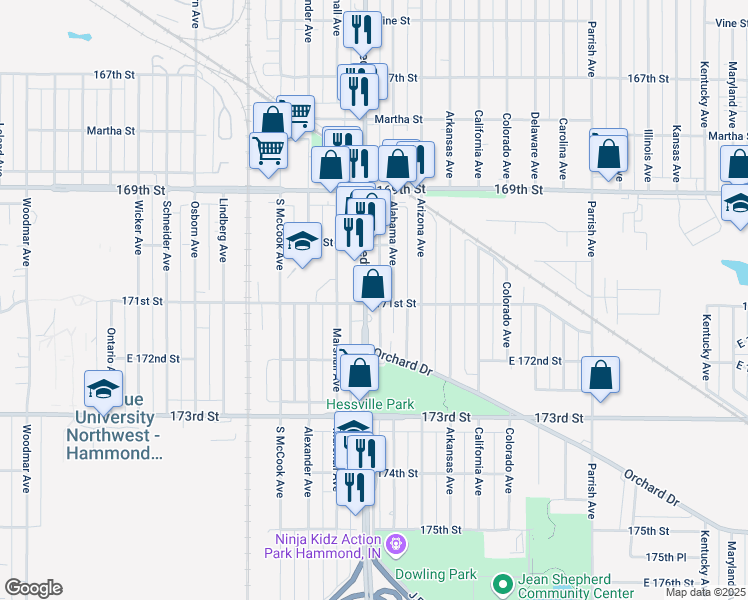 map of restaurants, bars, coffee shops, grocery stores, and more near 7102 Alabama Avenue in Hammond