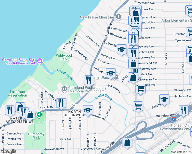 map of restaurants, bars, coffee shops, grocery stores, and more near 17815 Brazil Road in Cleveland