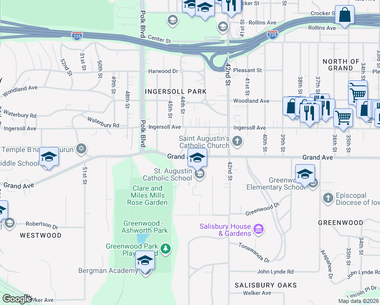 map of restaurants, bars, coffee shops, grocery stores, and more near 4400 Grand Avenue in Des Moines