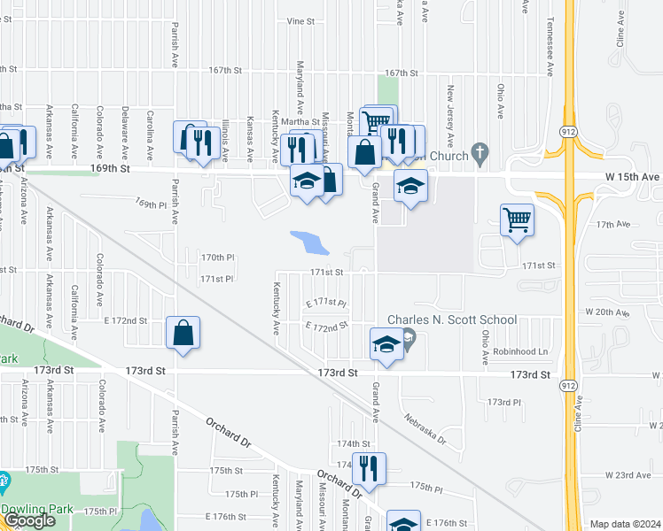 map of restaurants, bars, coffee shops, grocery stores, and more near 7039 Missouri Court in Hammond