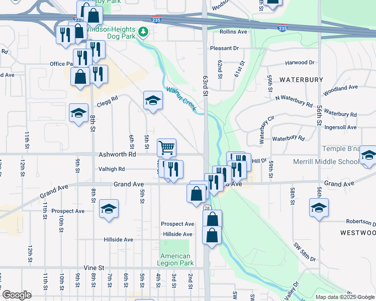 map of restaurants, bars, coffee shops, grocery stores, and more near 6600 Ashworth Road in West Des Moines