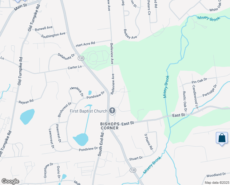 map of restaurants, bars, coffee shops, grocery stores, and more near 391 Belleview Avenue in Southington